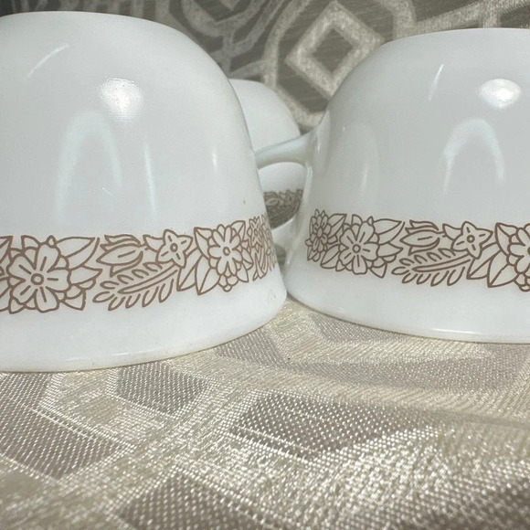 Vintage Pyrex Coffee Cups Opaque White Glass Woodland Pattern Set of 3 - Picture 7 of 8